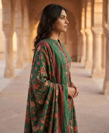 Green Floral Printed Cotton Anarkali Gown with Dupatta