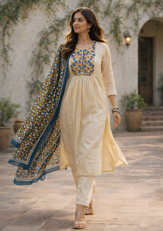 Off White Printed Cotton Kurta and Pant Set with Dupatta