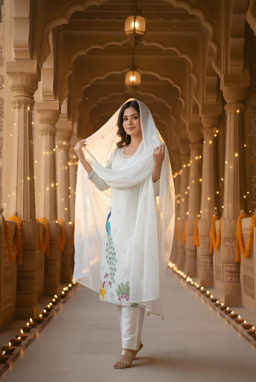 White Heavy Embroidered Glass Silk Suit Set with Dupatta