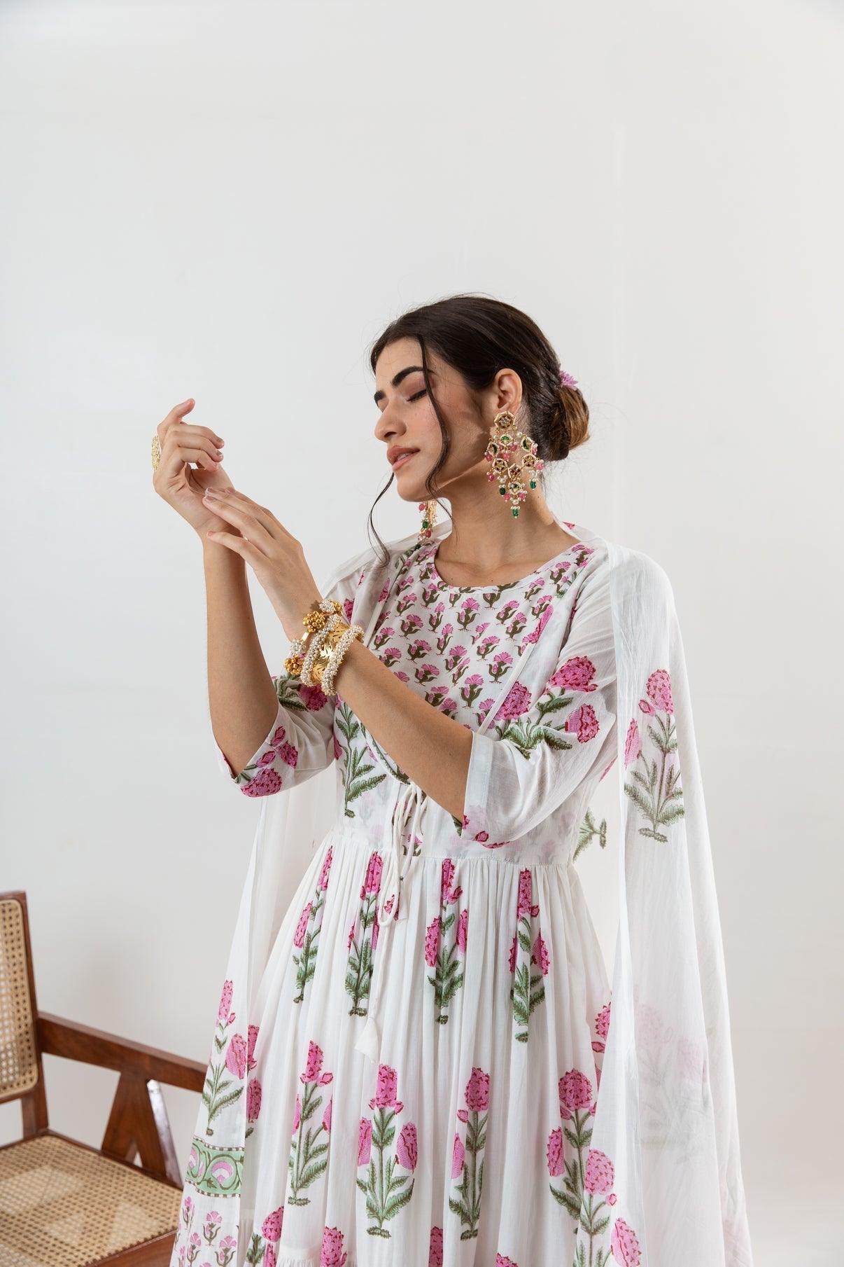 White Floral Printed Cotton Suit Set