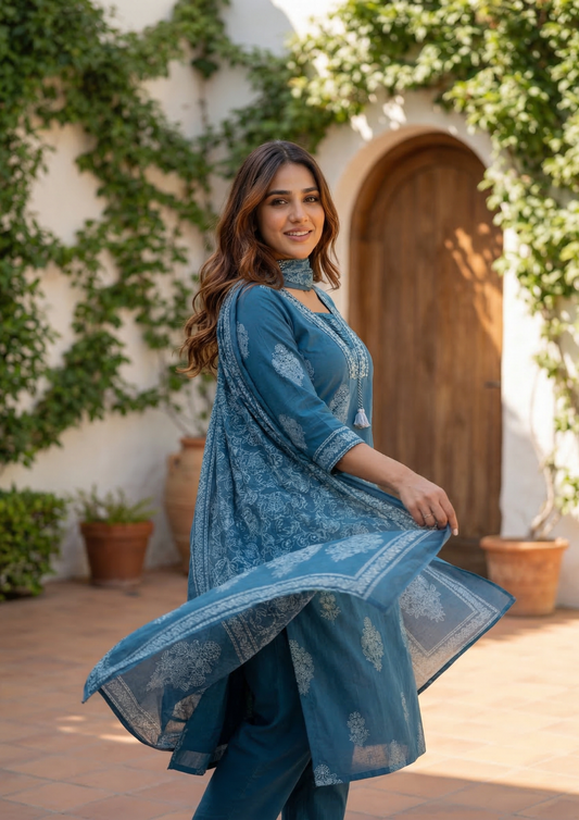 Dusk Blue Cotton Kurta And Pant Set With Mulmul Dupatta