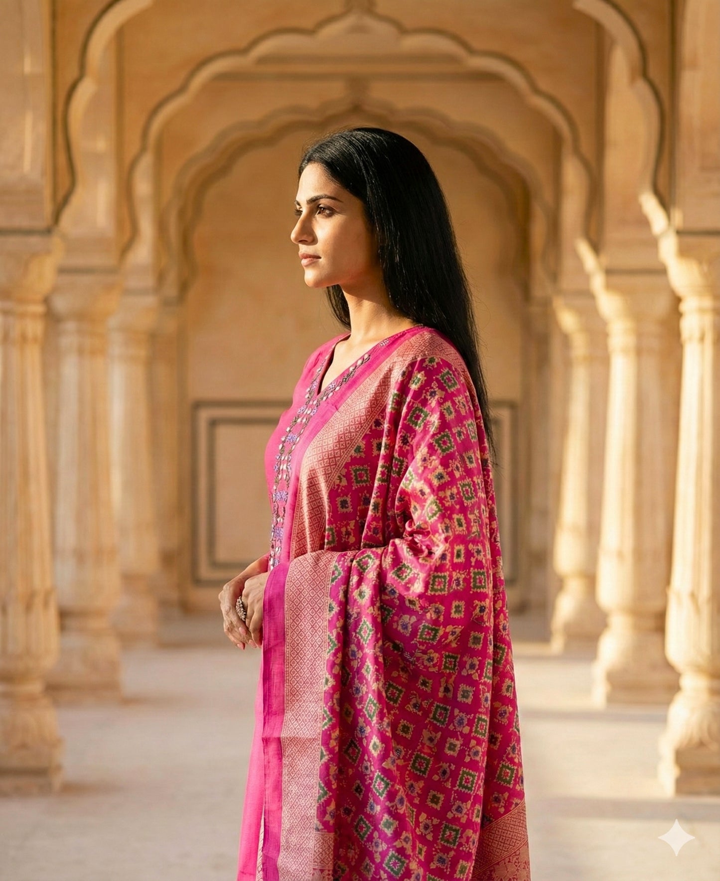 Pink Embroidered Cotton Kurta and Pant Set with Dupatta