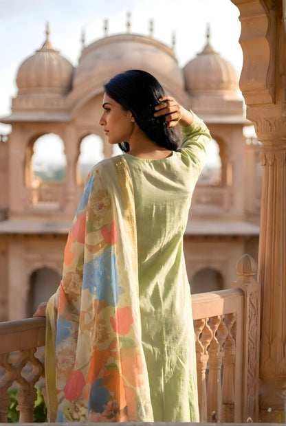 Green Smoke Embroidered Poly Jaquard Suit Set with Dupatta