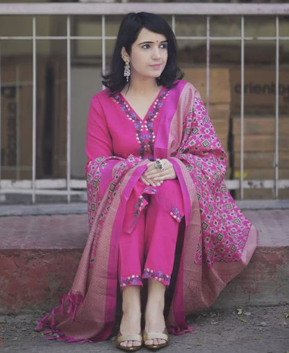 Pink Embroidered Cotton Kurta and Pant Set with Dupatta