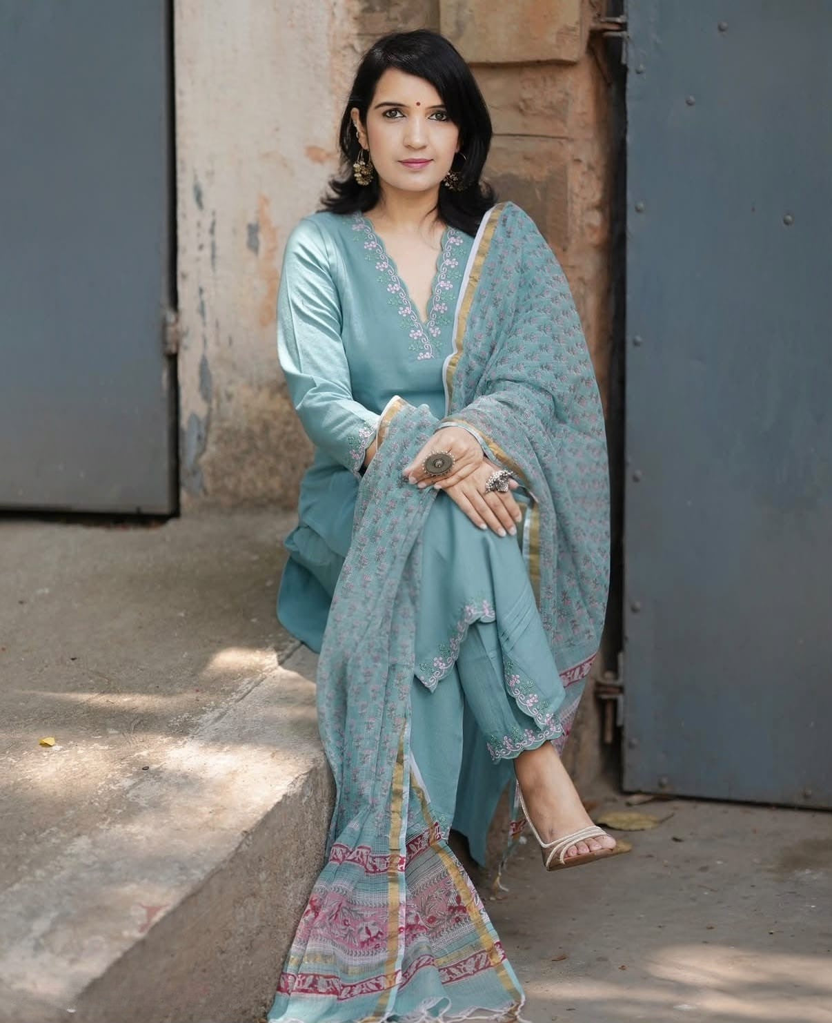Slate Blue Embroidered Cotton Kurta and Pant Set with Dupatta