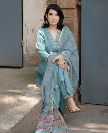 Slate Blue Embroidered Cotton Kurta and Pant Set with Dupatta