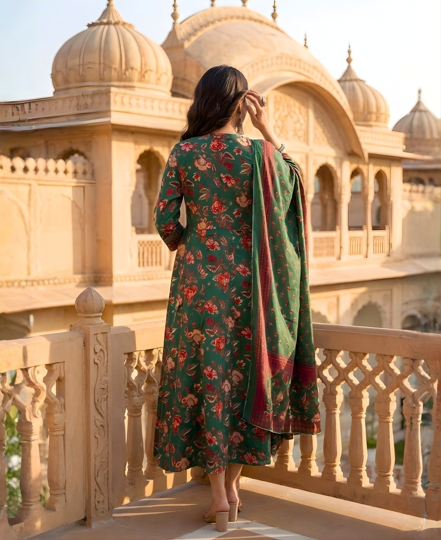 Green Floral Printed Cotton Anarkali Gown with Dupatta