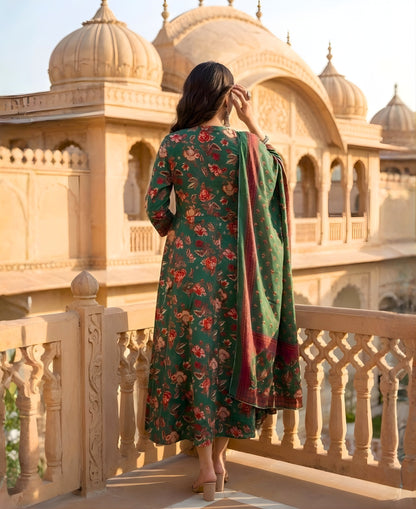 Green Floral Printed Cotton Anarkali Gown with Dupatta