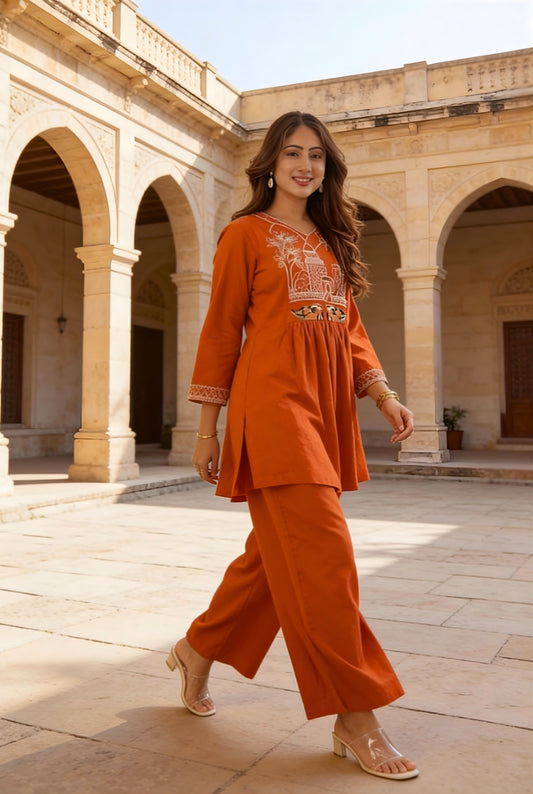 Rust Orange Embroidered Cotton Co-Ord Set