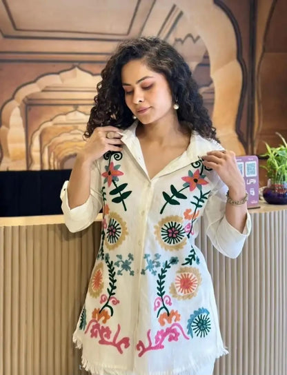 White Embroidered Cotton Flex Co-Ord Set