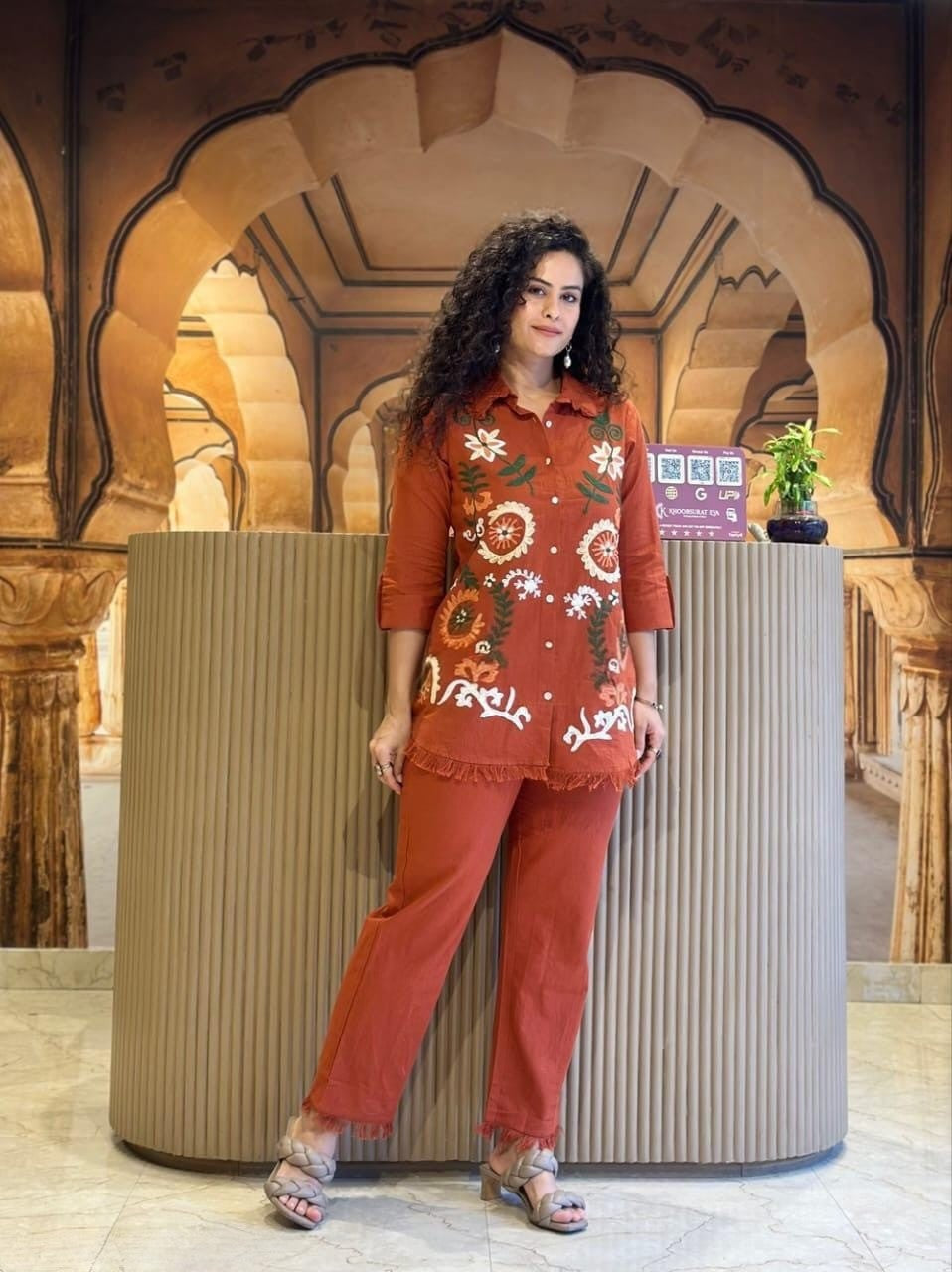 Brownish Red Embroidered Cotton Slub Co-Ord Set