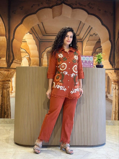 Brownish Red Embroidered Cotton Slub Co-Ord Set