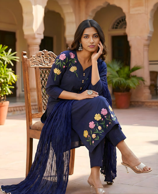 Navy Blue Embroidered Cotton Kurta and Pant Set with Dupatta