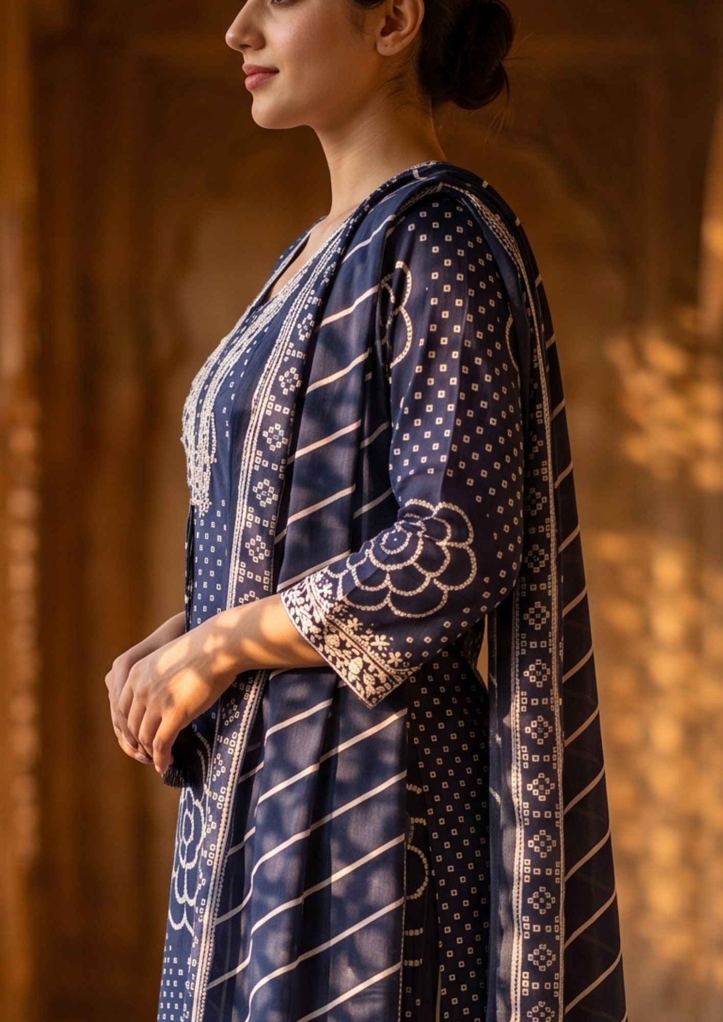 Blue Printed Muslin Kurta and Pant Set with Dupatta
