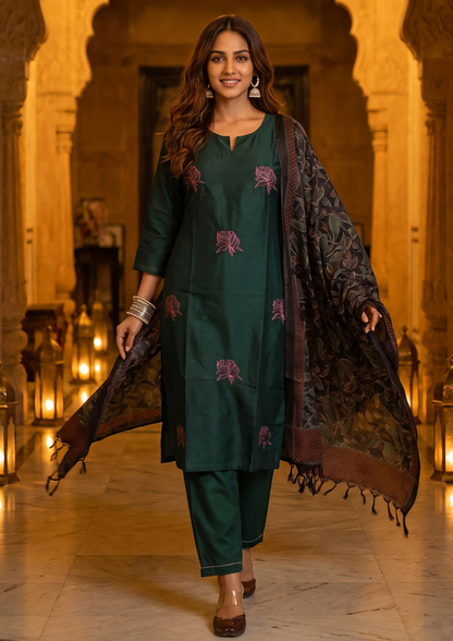 Sea Turtle Green Embroidered Cotton Flex Suit Set with Dupatta