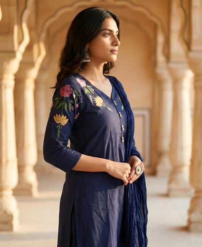 Navy Blue Embroidered Cotton Kurta and Pant Set with Dupatta