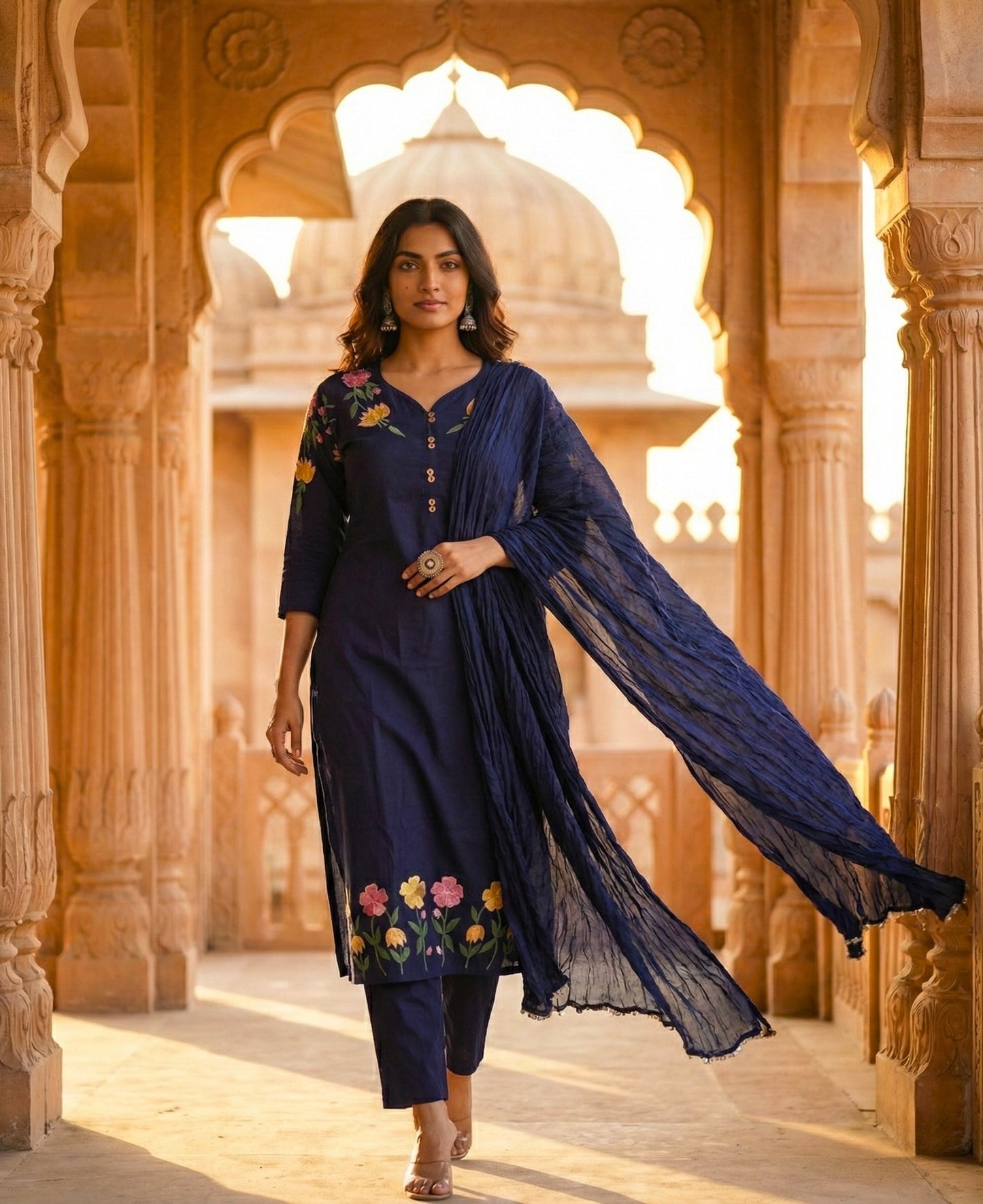 Navy Blue Embroidered Cotton Kurta and Pant Set with Dupatta