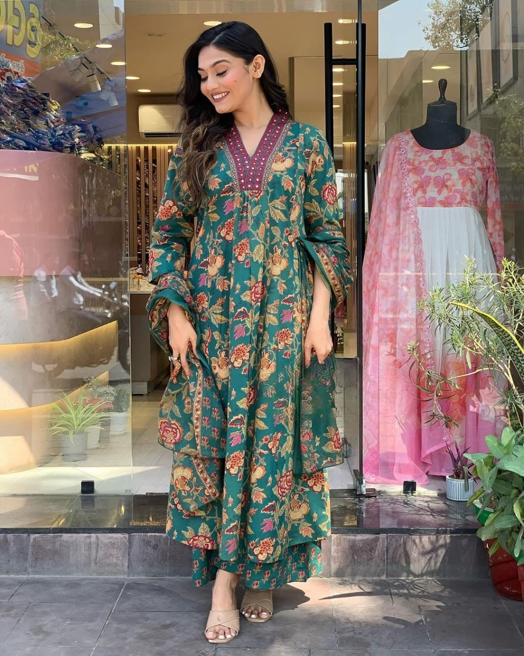 Green Floral Printed Cotton Kurta and Pant Set with Mulmul Dupatta