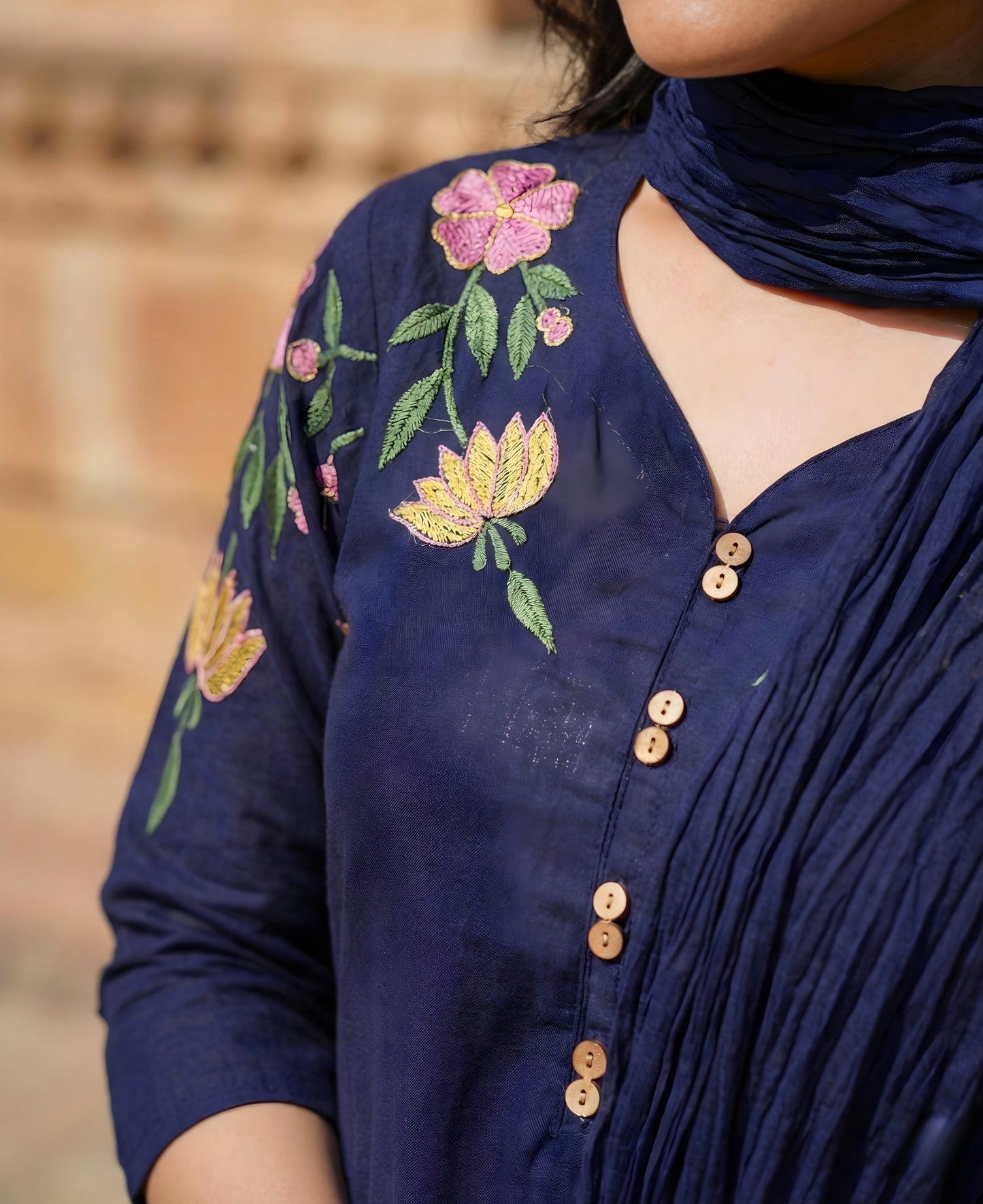 Navy Blue Embroidered Cotton Kurta and Pant Set with Dupatta