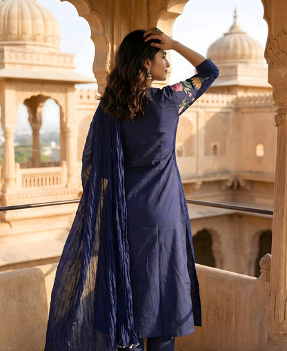 Navy Blue Embroidered Cotton Kurta and Pant Set with Dupatta