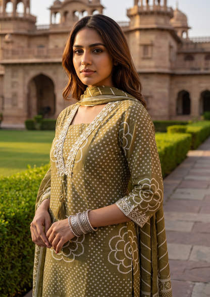 Green Printed Muslin Kurta and Pant Set with Dupatta