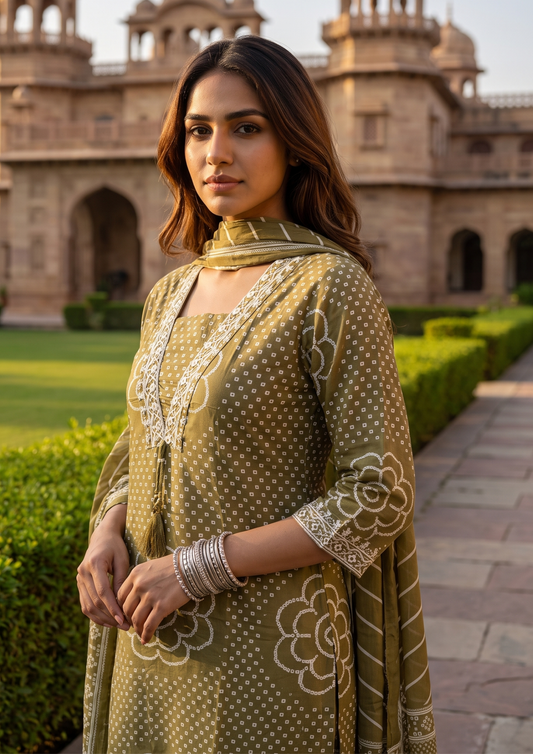 Green Printed Muslin Kurta and Pant Set with Dupatta