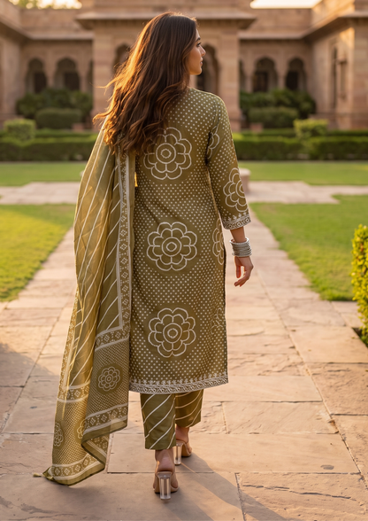 Green Printed Muslin Kurta and Pant Set with Dupatta