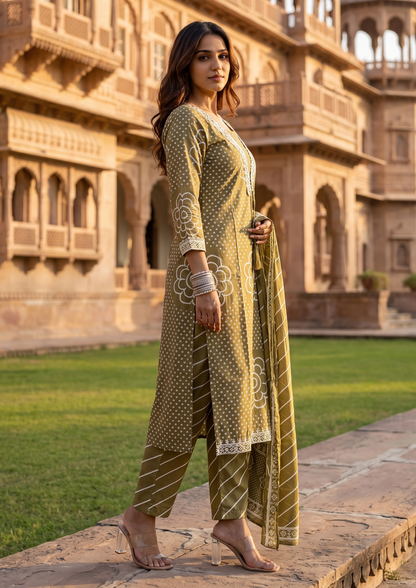 Green Printed Muslin Kurta and Pant Set with Dupatta