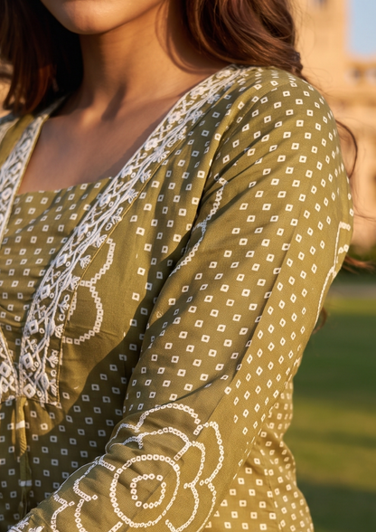 Green Printed Muslin Kurta and Pant Set with Dupatta