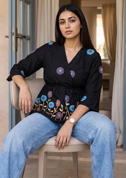 Black Embroidered Rado Cotton Short Kurti
