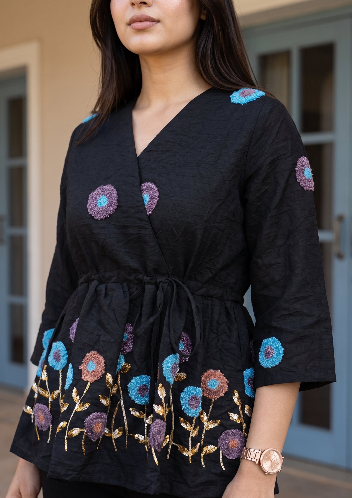 Black Embroidered Rado Cotton Short Kurti