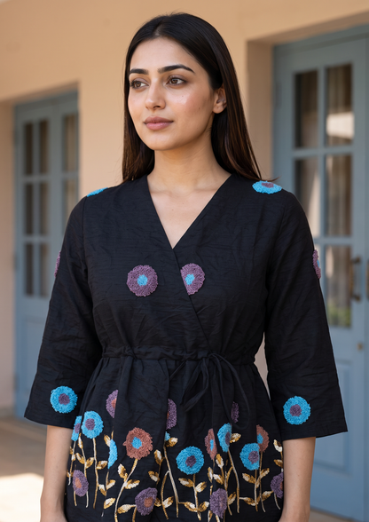 Black Embroidered Rado Cotton Short Kurti