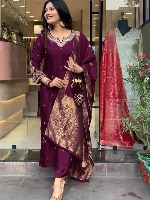 Wine Embroidered Silk Suit Set with Dupatta
