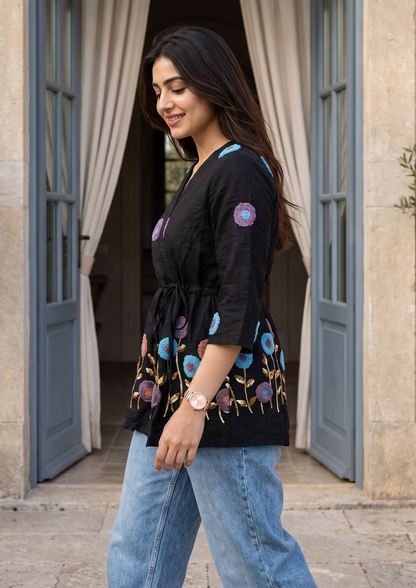 Black Embroidered Rado Cotton Short Kurti