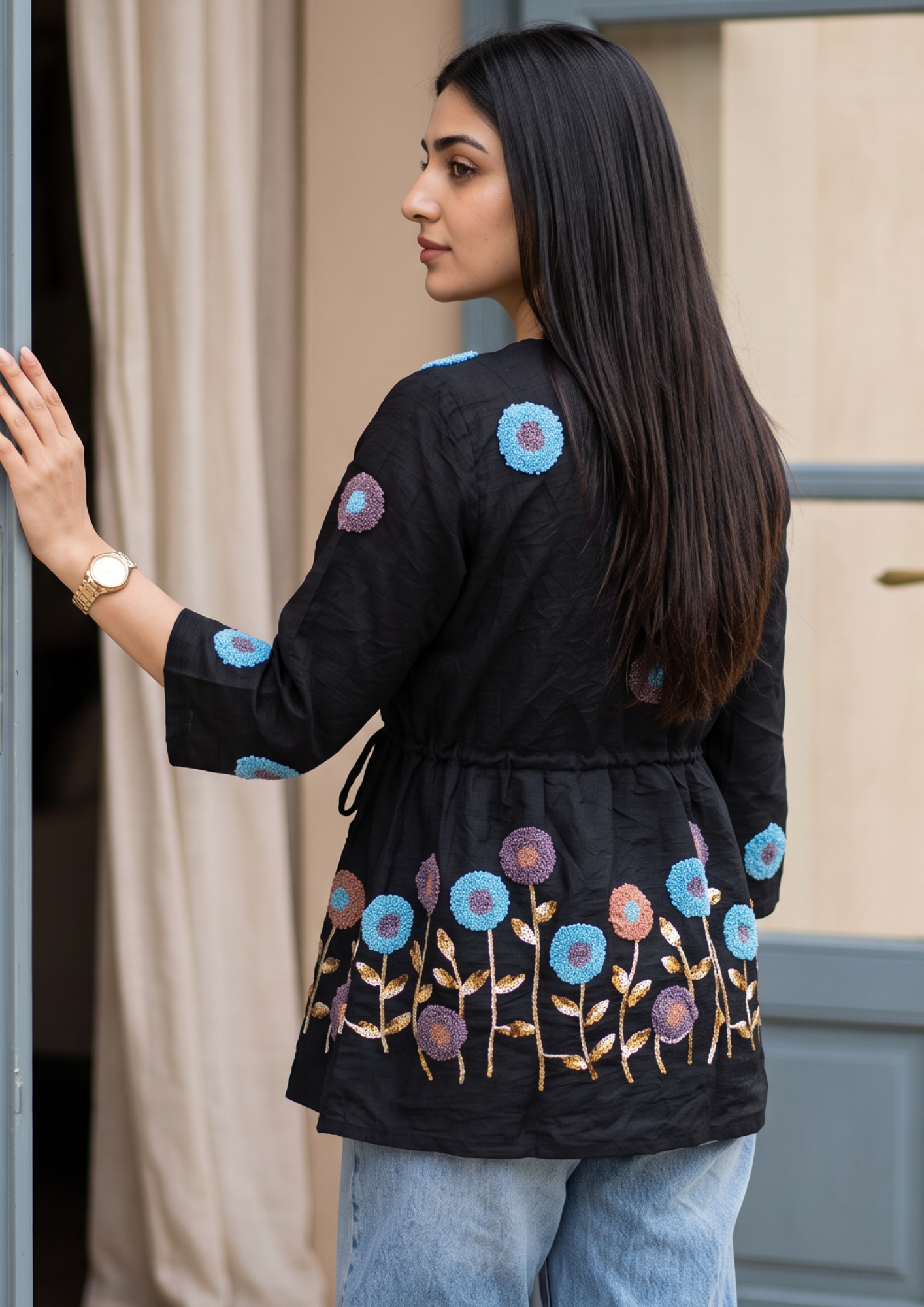 Black Embroidered Rado Cotton Short Kurti