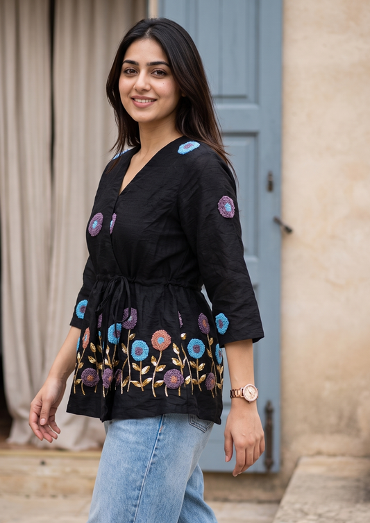 Black Embroidered Rado Cotton Short Kurti
