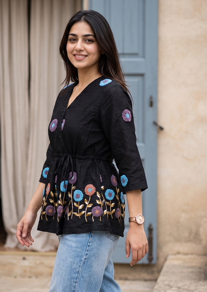 Black Embroidered Rado Cotton Short Kurti