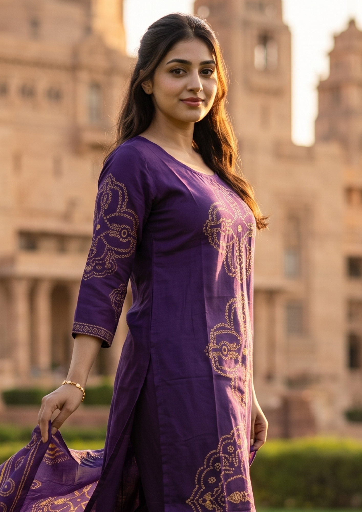 Purple Printed Muslin Kurta and Pant Set with Dupatta