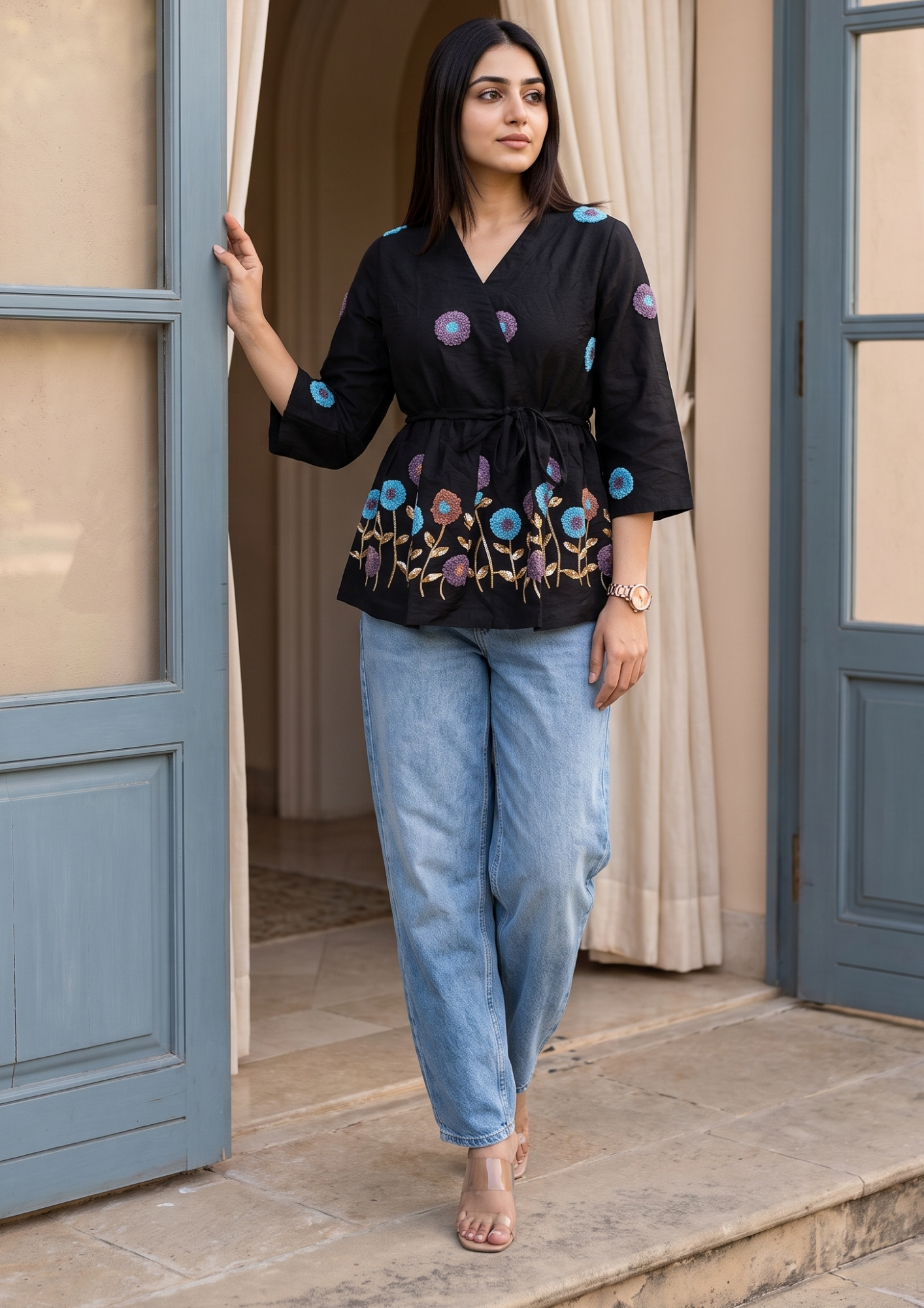 Black Embroidered Rado Cotton Short Kurti