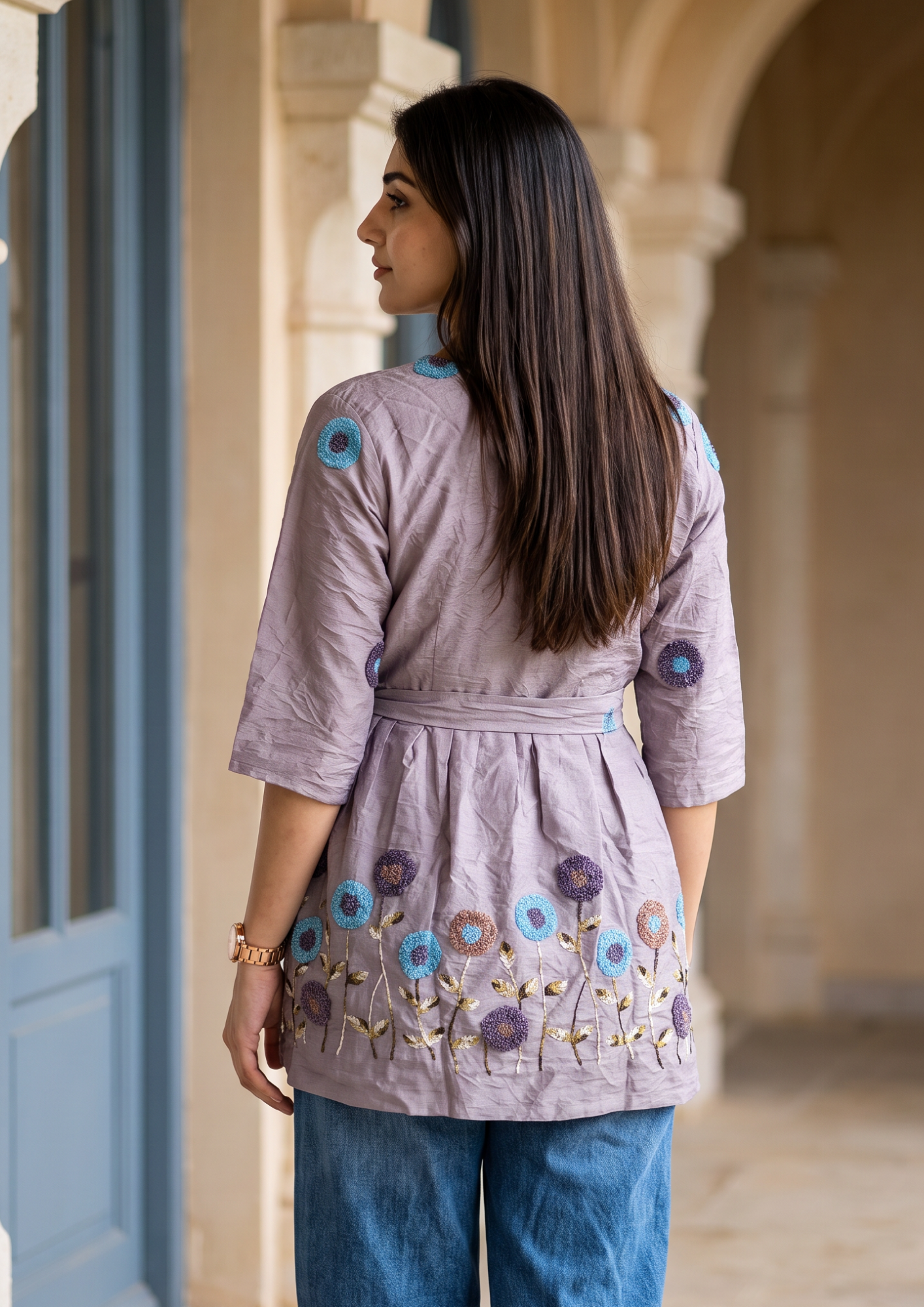 Purple Embroidered Rado Cotton Short Kurti