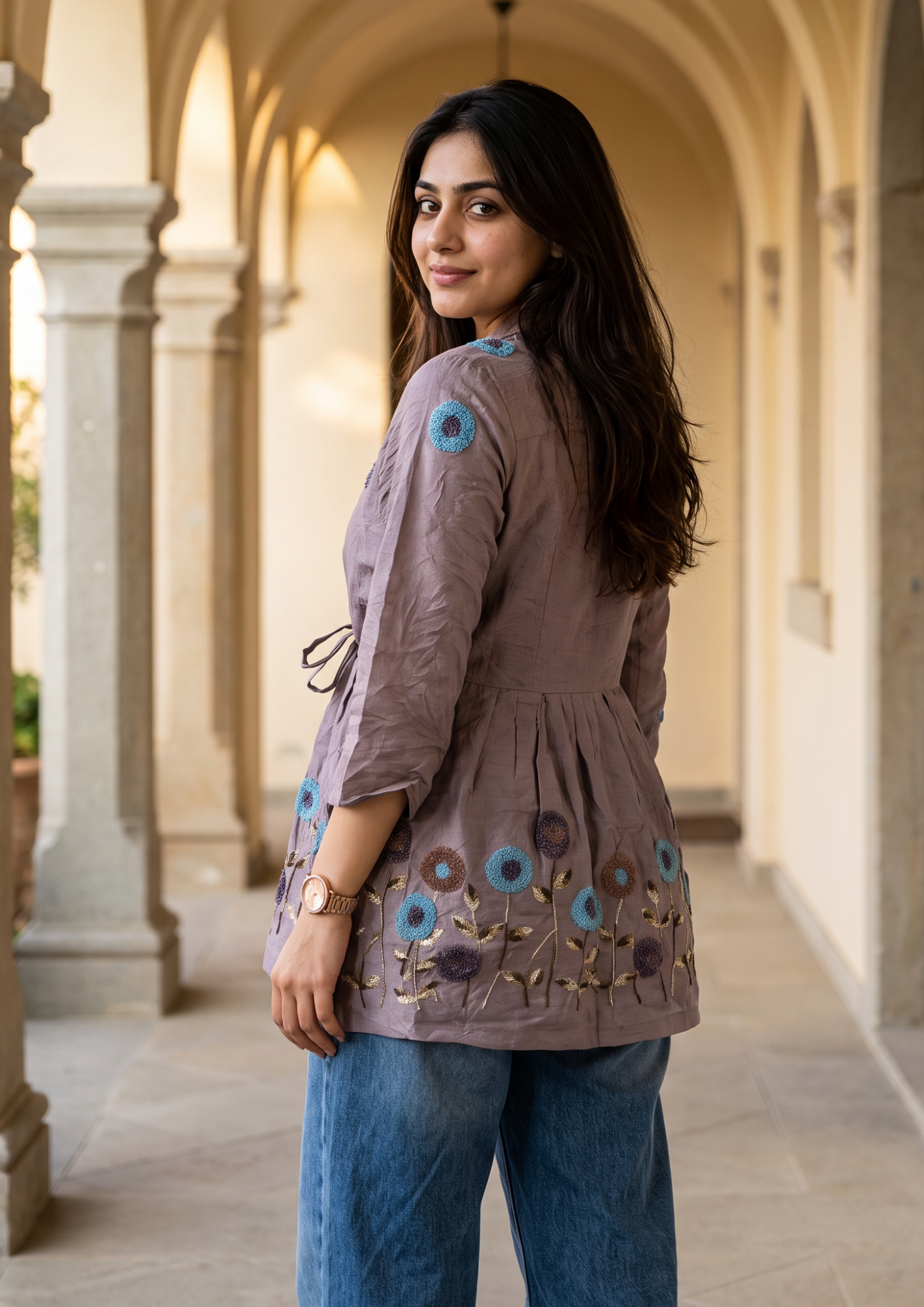 Purple Embroidered Rado Cotton Short Kurti