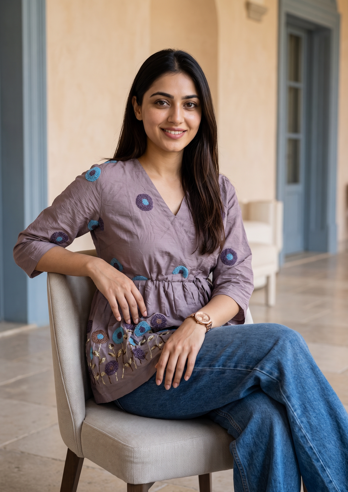Purple Embroidered Rado Cotton Short Kurti