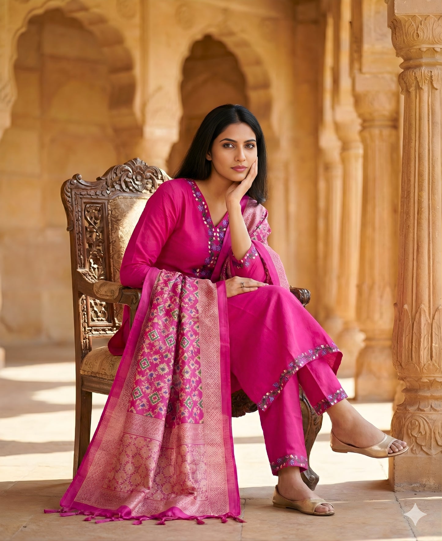 Pink Embroidered Cotton Kurta and Pant Set with Dupatta