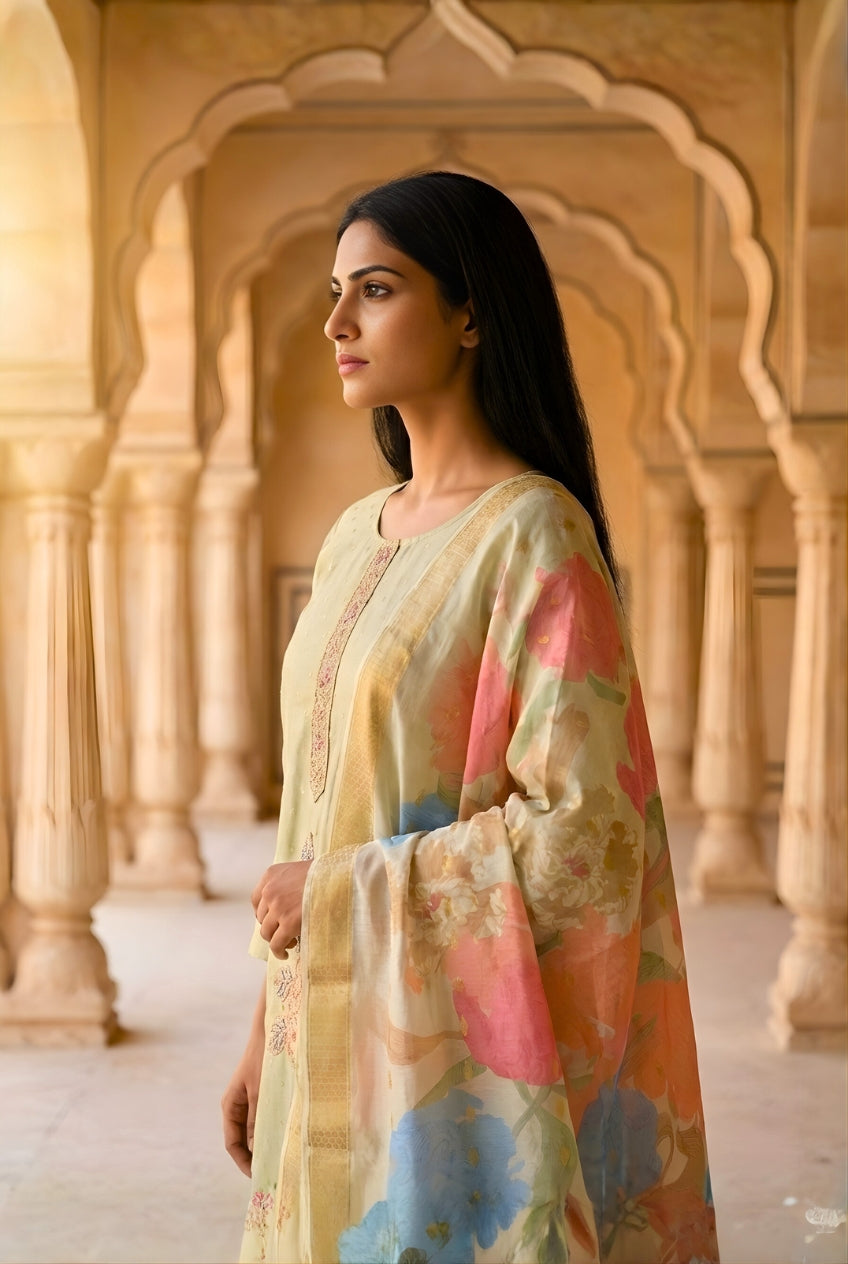 Green Smoke Embroidered Poly Jaquard Suit Set with Dupatta