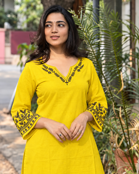 Yellow Embroidered Cotton Kurta and Pant Set