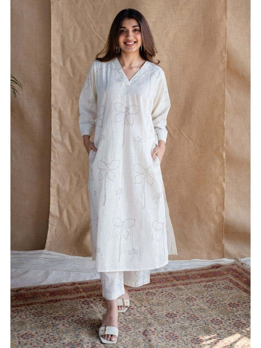 White Printed Cotton Flex Kurta and Pant Set