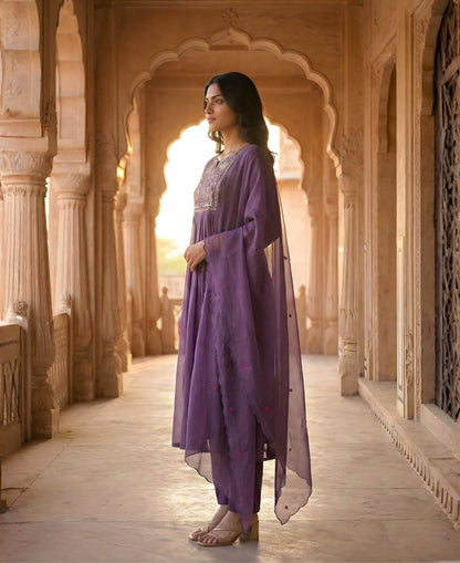 Plum Purple Embroidered Pure Mul Chanderi Suit Set