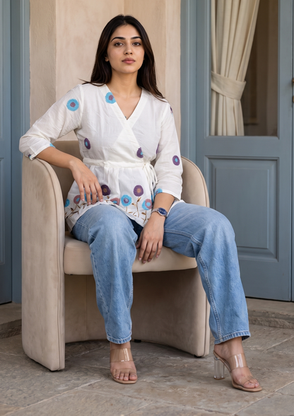 White Embroidered Rado Cotton Short Kurti