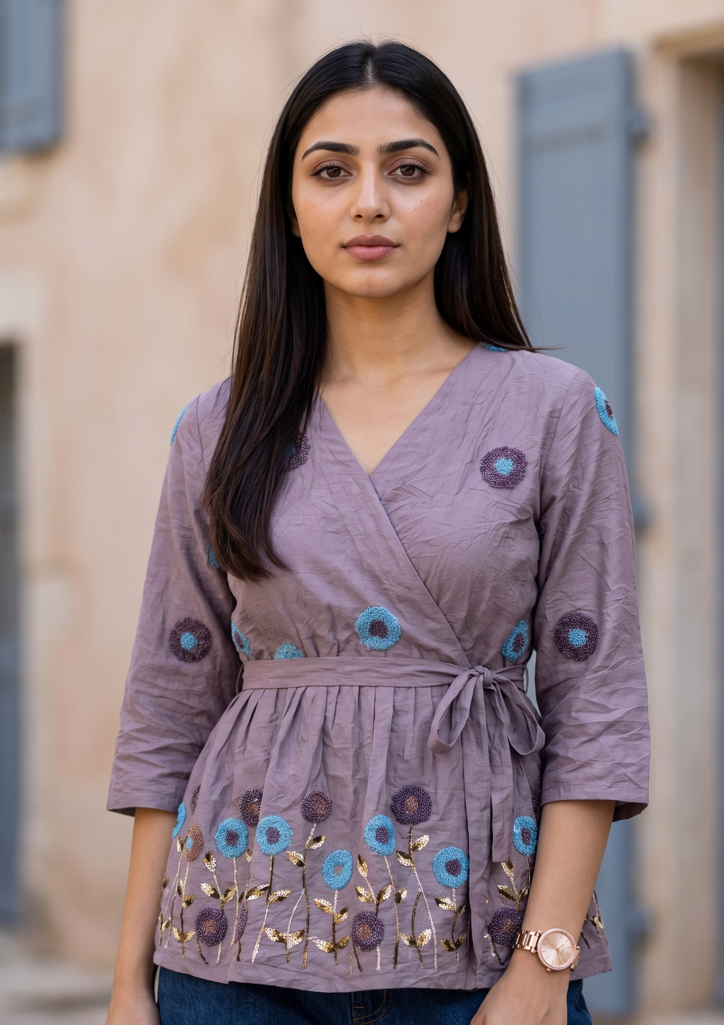 Purple Embroidered Rado Cotton Short Kurti