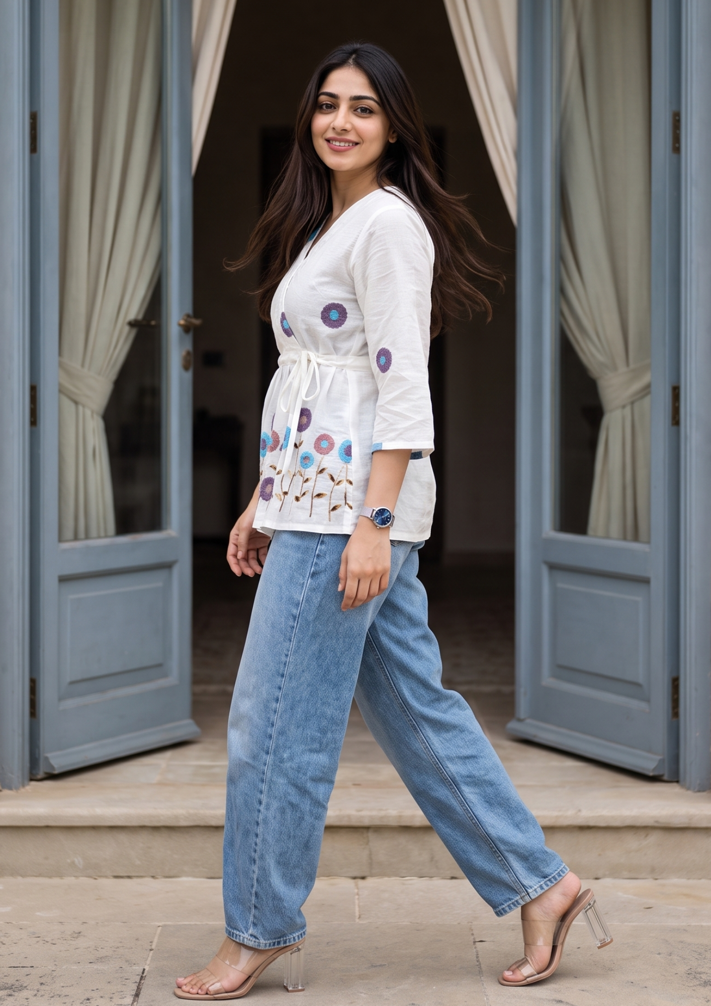 White Embroidered Rado Cotton Short Kurti